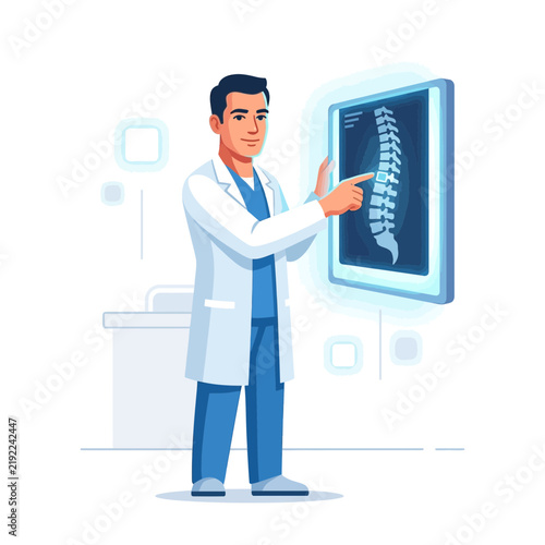 Doctor examining spine x-ray on digital screen, medical illustration