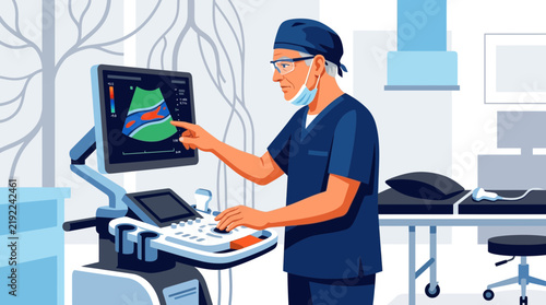 Doctor examining ultrasound scan of vascular system in modern medical examination room