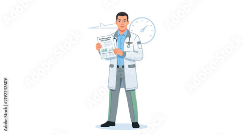Doctor holding physiological test report with airplane and clock icons in background