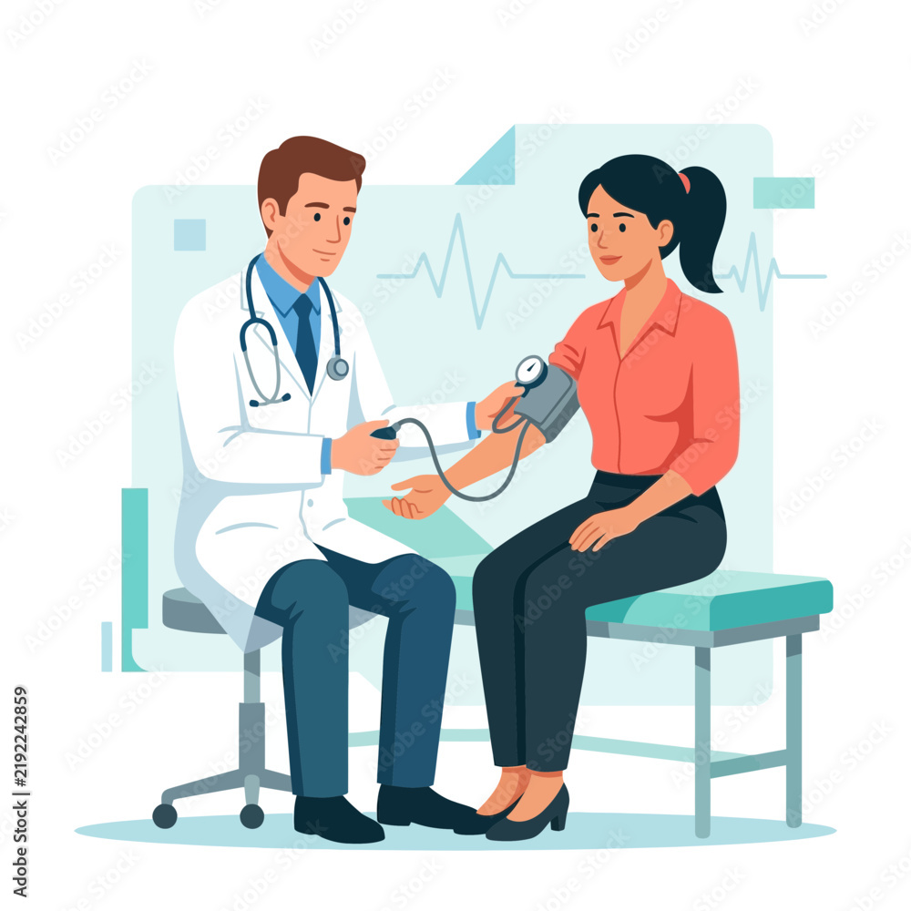 Obraz premium Doctor measuring patient's blood pressure in a modern, clean medical office illustration