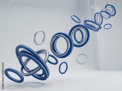 Floating geometric rings in three dimensional space composition design