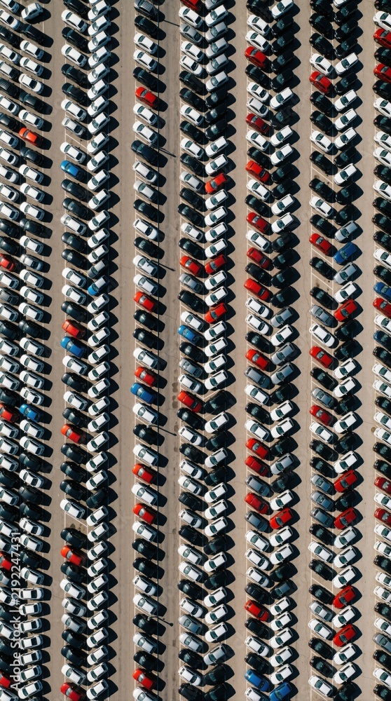 Fototapeta premium Aerial view of vast car parking lot with neatly arranged rows of vehicles. Many cars parked close together, creating dense pattern on asphalt surface. Scene highlights urban transportation, storage