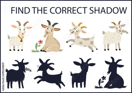 Find the Correct Shadow, Cartoon Goat Matching Puzzle, Cute Farm Animal Educational Activity for Kids