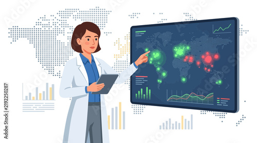 Scientist analyzing global pandemic data on interactive screen with world map and charts.