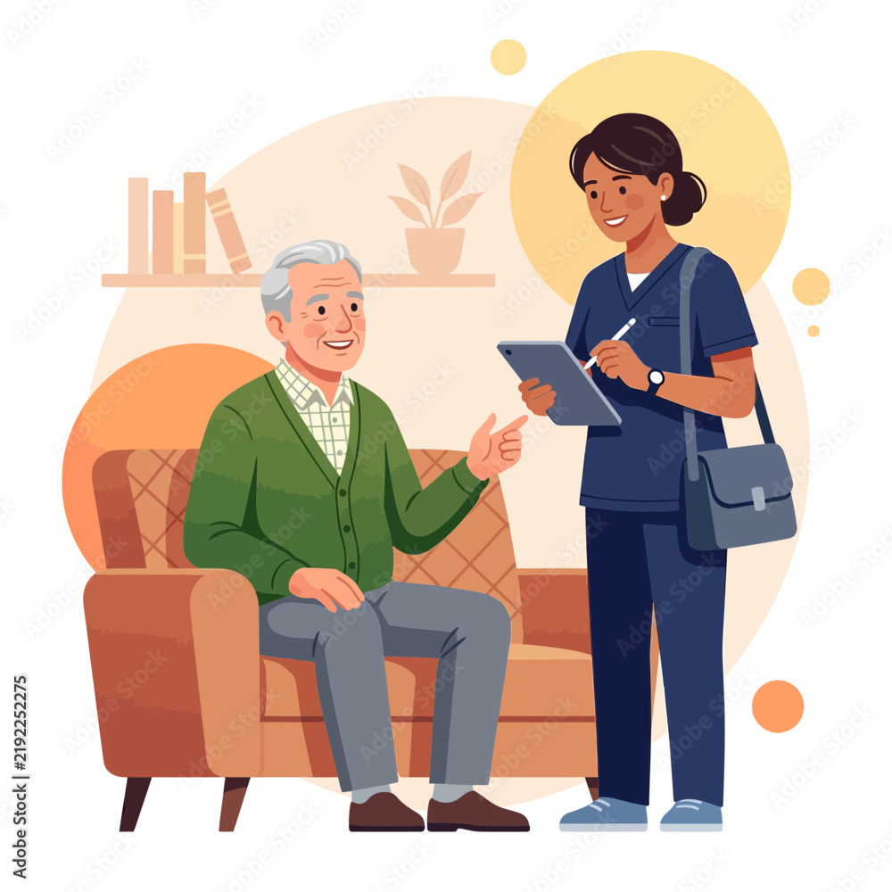 Fototapeta premium Caring Nurse Interacts with Elderly Patient in Home Setting, Discussing Health on Tablet