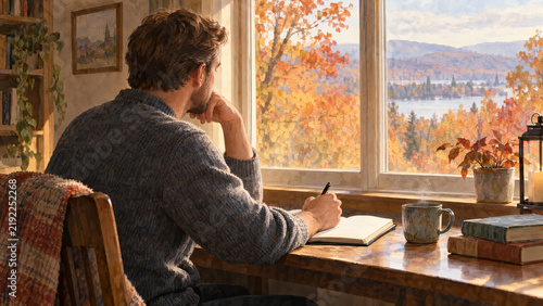 Man Journaling Autumn Window Light - Art