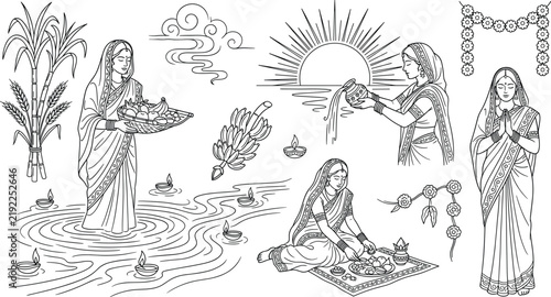 Bild auf Leinwand Chhath puja festival line art vector illustration icon set with woman performing