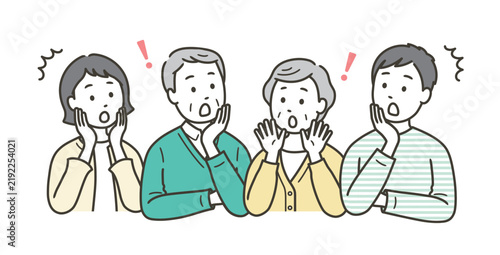 驚いている高齢者夫婦と若い夫婦の上半身イラスト
