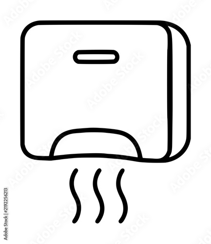 Hand dryer wall mounted bathroom appliance vector icon illustration, minimalist black and white line art drawing of electric blow dryer with air flow waves, public restroom hygiene equipment symbol