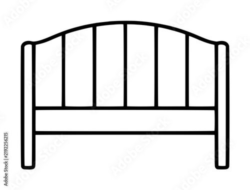 Simple minimalist black and white vector line art icon illustration of a classic wooden bed headboard with vertical slats and curved top, perfect for bedroom furniture design and home decor projects