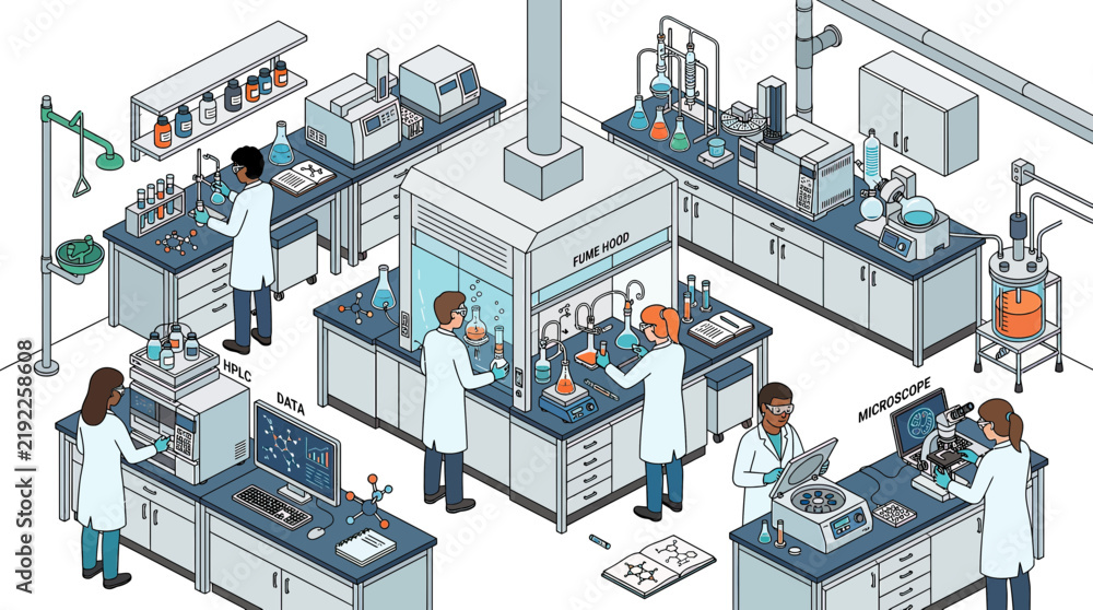 Fototapeta premium Scientists working in a modern laboratory setting, isometric view