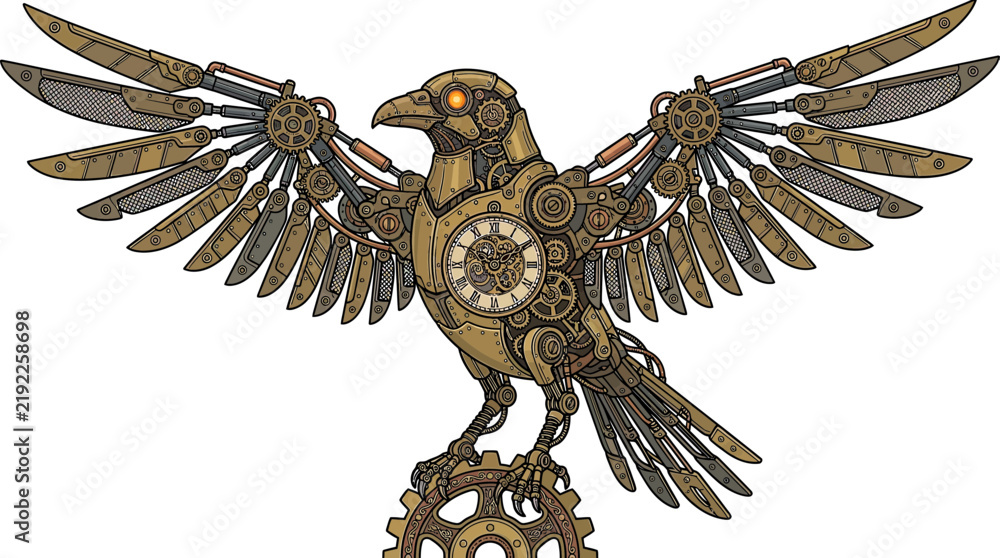 Fototapeta premium Steampunk Mechanical Bird with Clockwork and Gears