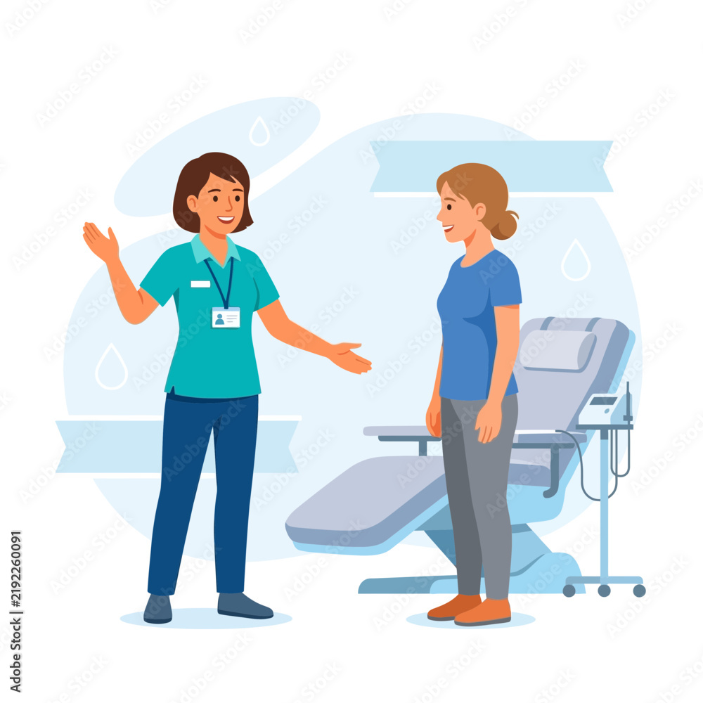 Fototapeta premium Dentist explains treatment to patient standing next to dental chair in modern clinic, vector illustration.