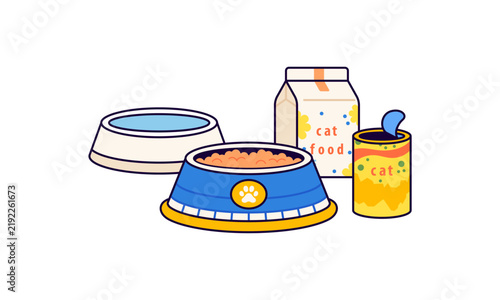 Cartoon illustration of cat food bowls, dry food, and canned pet food supplies. Ideal for pet care, feeding, cats, and animal nutrition designs.