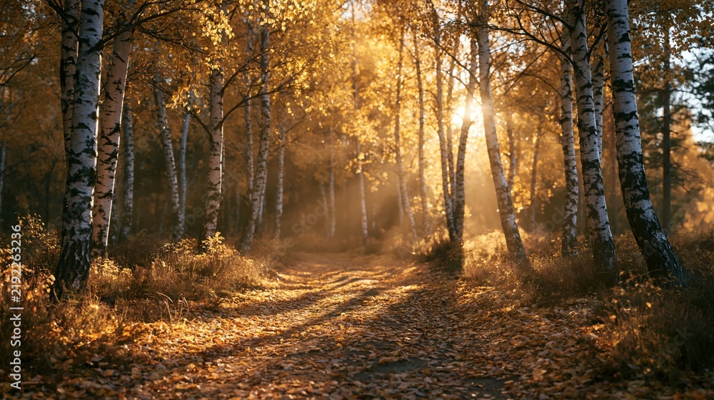 Fototapeta premium a serene forest during autumn. The main subject is a dense grove of birch trees, their trunks and branches illuminated by the warm glow of the setting sun.