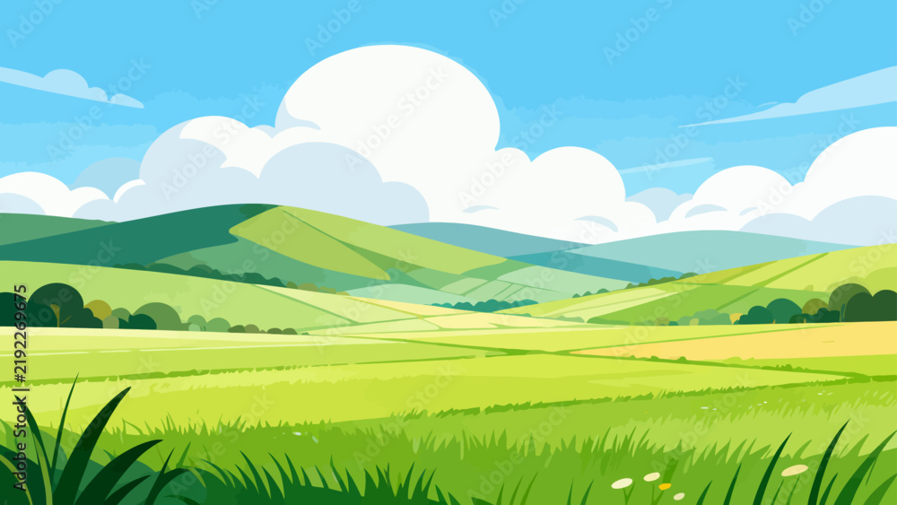 Fototapeta premium Soft rolling hills stretch under a gentle blue sky. Fluffy white clouds drift above the tranquil green fields. Bright yellow grasses sway gently in the breeze