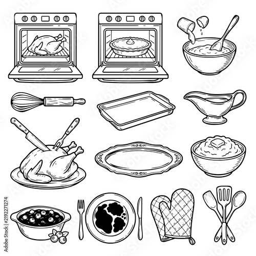 Thanksgiving Cooking Process Hand Drawn Food and Kitchen Icons
