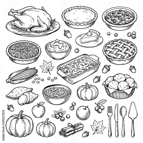 Thanksgiving Food Hand Drawn Doodle Collection Vector Illustration