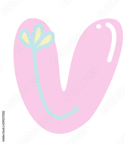 Cute pastel pink bubble letter V with flower vector illustration