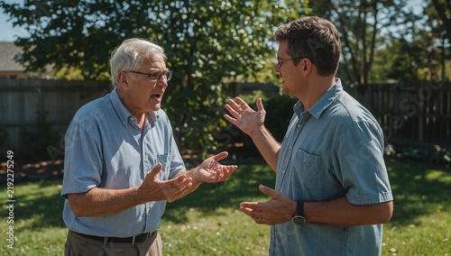 Frustrated senior father and adult son arguing and actively gesturing with hands in a sunny backyard