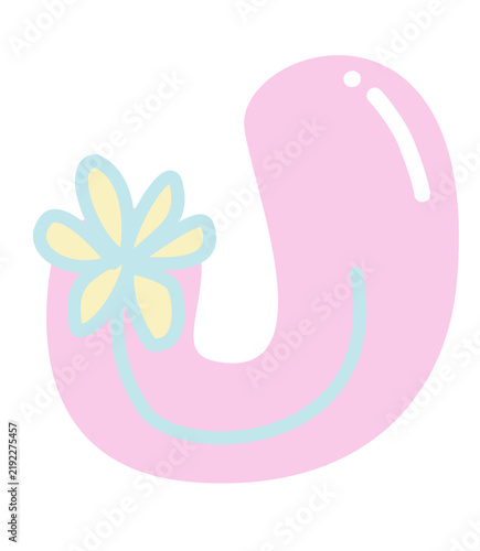 Cute pastel pink letter J with groovy daisy flower illustration