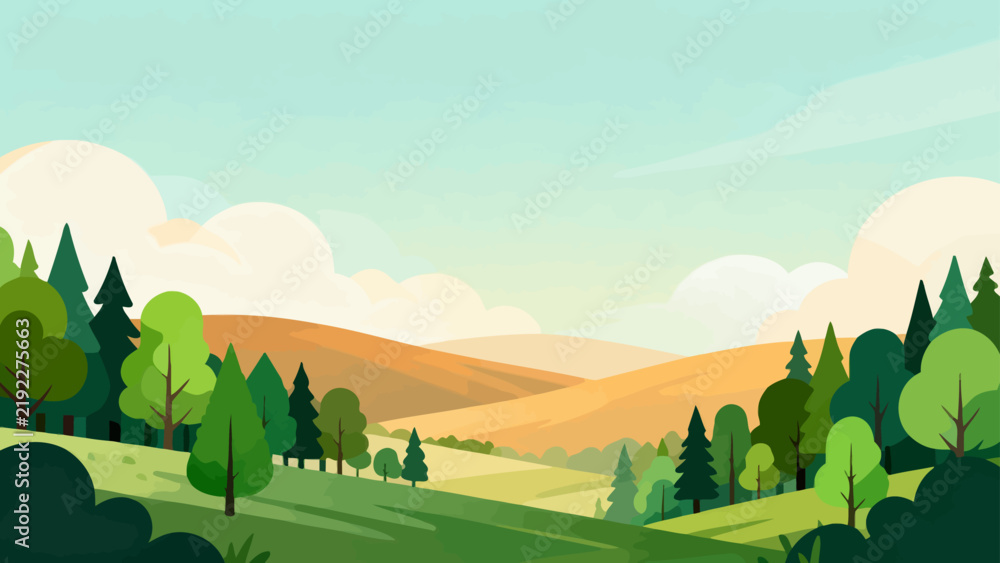 Obraz premium Soft hills roll under a gentle, cloudy sky. Green trees dot the rolling landscape. Warm light bathes the hills in peaceful tones. Nature's calm beauty invites quiet reflection