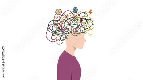 Cognitive overload and mental chaos with tangled thoughts flat vector illustration for mental health awareness and therapy resources