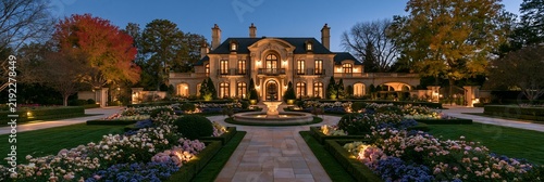 a grand, opulent mansion with a symmetrical architectural style. The mansion features a large, symmetrical facade with multiple windows, arched windows.