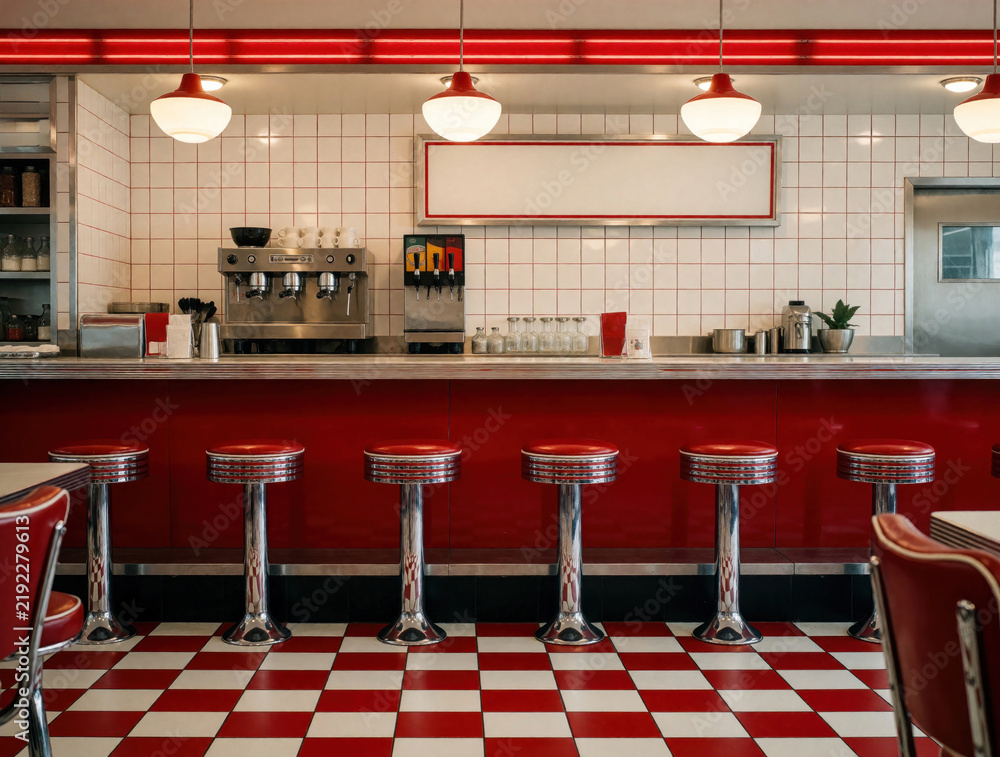 Fototapeta premium Empty retro diner counter with red stools and checkered floor. Coffee machine and soda dispensers ready for customers. Classic American eatery interior design.