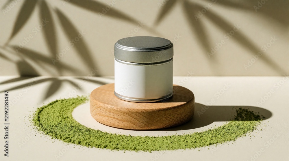 Obraz premium Silver matcha tin sits on wooden pedestal, surrounded by bright green matcha powder. Bamboo leaf shadows cast on plain background, creating minimalist, natural aesthetic for product display branding.