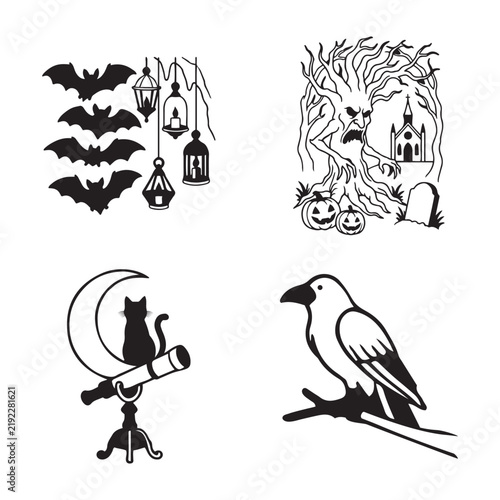 Halloween Spooky Elements Collection Set Flying Bats Creepy Tree Crow Black Silhouette Line Art Vector