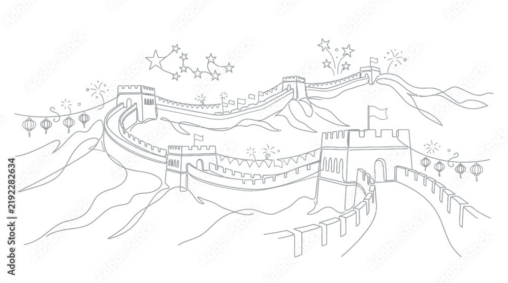 Obraz premium Continuous Line Art Illustration of Ancient Fortification Wall with Lanterns and Fireworks