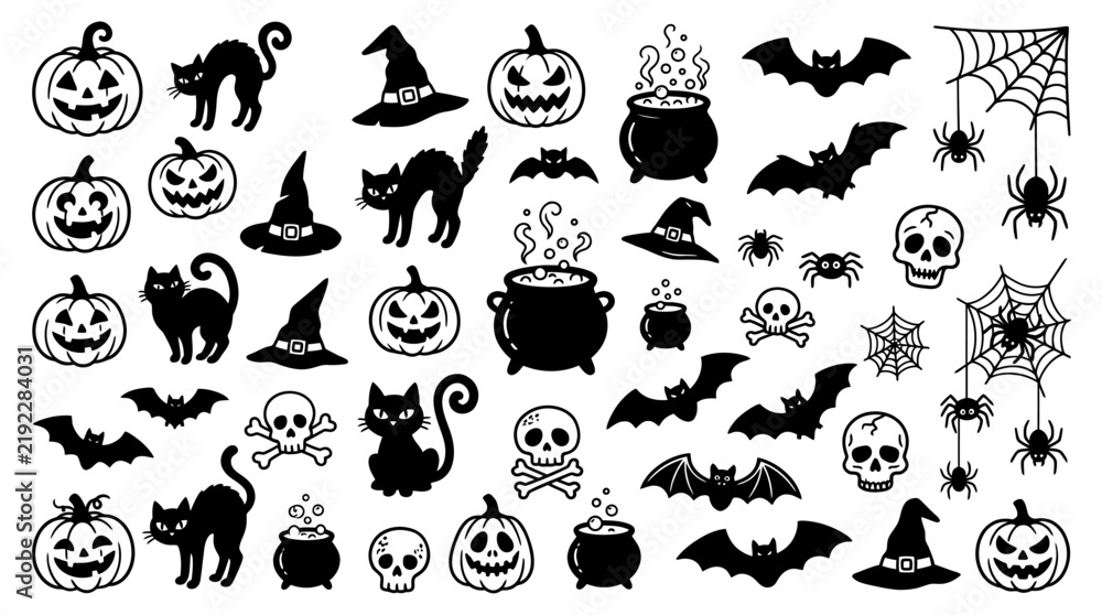 Obraz premium Spooky Halloween black silhouettes icons set with pumpkins, cats, bats, skulls, and witches cauldrons for design