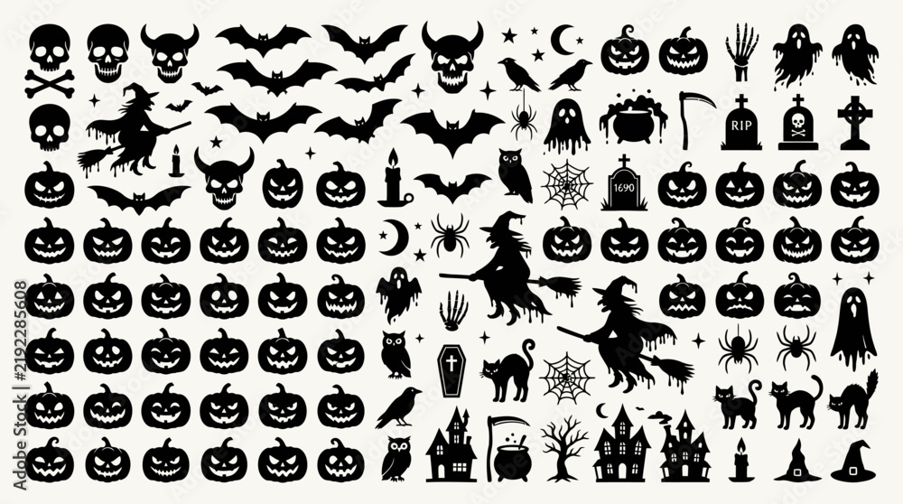 Obraz premium Large collection of black Halloween vector icons including pumpkins, ghosts, witches, and skulls for spooky designs