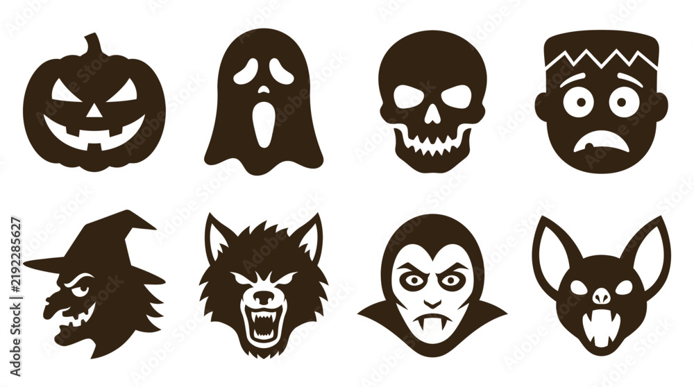 Obraz premium Set of Halloween monster icons including pumpkin, ghost, skull, frankenstein, witch, werewolf, vampire, and bat silhouettes on a white background