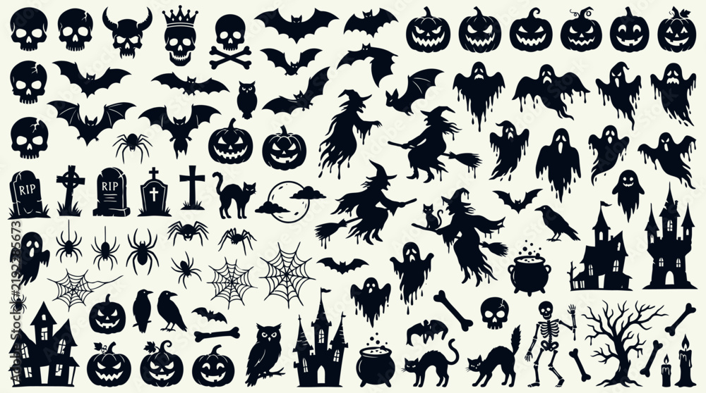 Obraz premium Halloween holiday elements and spooky icons vector set with bats, witches, ghosts, and haunted houses