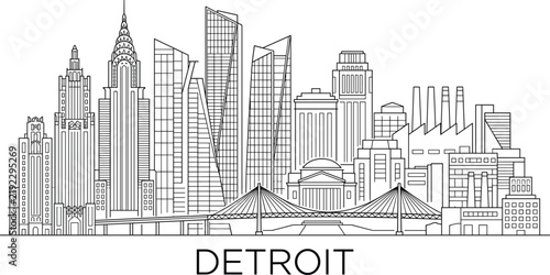 Detroit Michigan City Skyline Line Art Illustration with Modern Skyscrapers Bridge and Urban Architecture