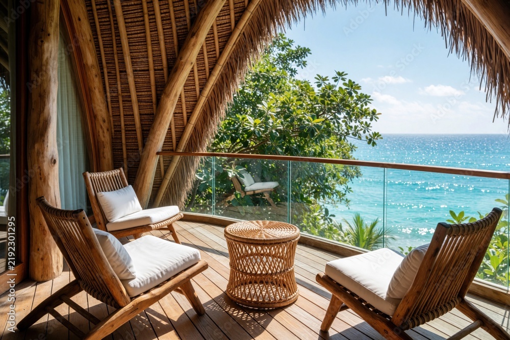 Fototapeta premium Natural wood balcony overlooks ocean and lush trees. Chairs and table offer relaxation spot. Eco resort stay provides tranquil vacation experience with serene views.