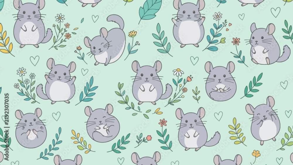 Obraz premium Seamless pattern with cute cartoon chinchillas and floral elements on a light green background.