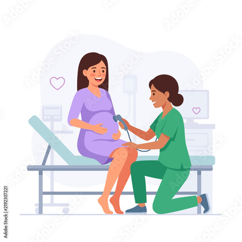 Pregnant Woman Undergoing Medical Checkup with Nurse using Stethoscope and Ultrasound Device