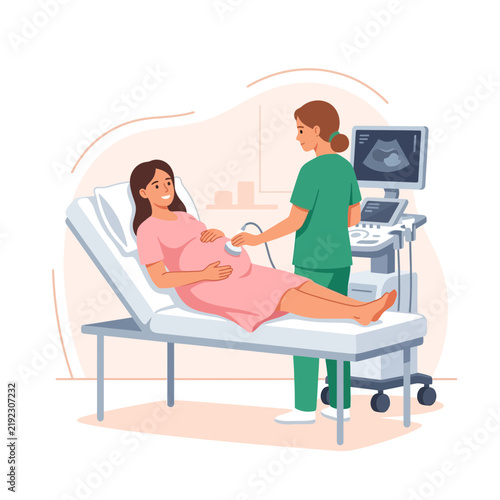 Pregnant Woman Undergoing Ultrasound Scan with Nurse in Medical Clinic