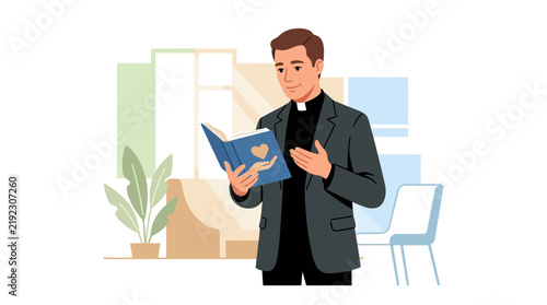 Priest Reading a Book with Heart and Hand Symbol, Representing Faith, Compassion, and Service