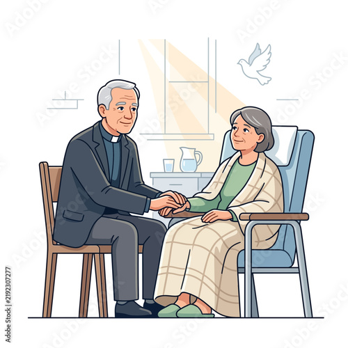 Priest Comforts Elderly Patient in Hospital Room, Symbolizing Hope and Care