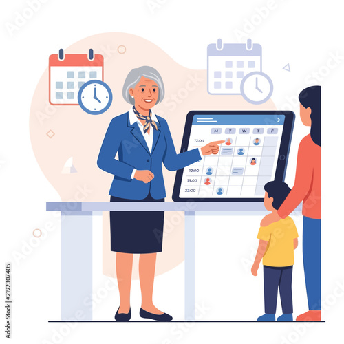 Professional woman in blue suit scheduling appointments on digital tablet for mother and child.