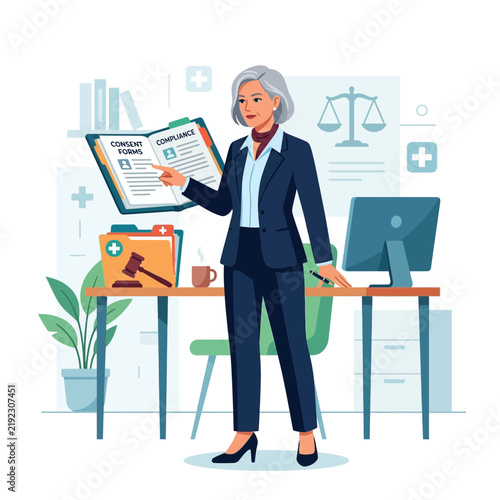 Professional Woman in Suit Holding Consent Forms, Lawyer, Legal, Medical Compliance