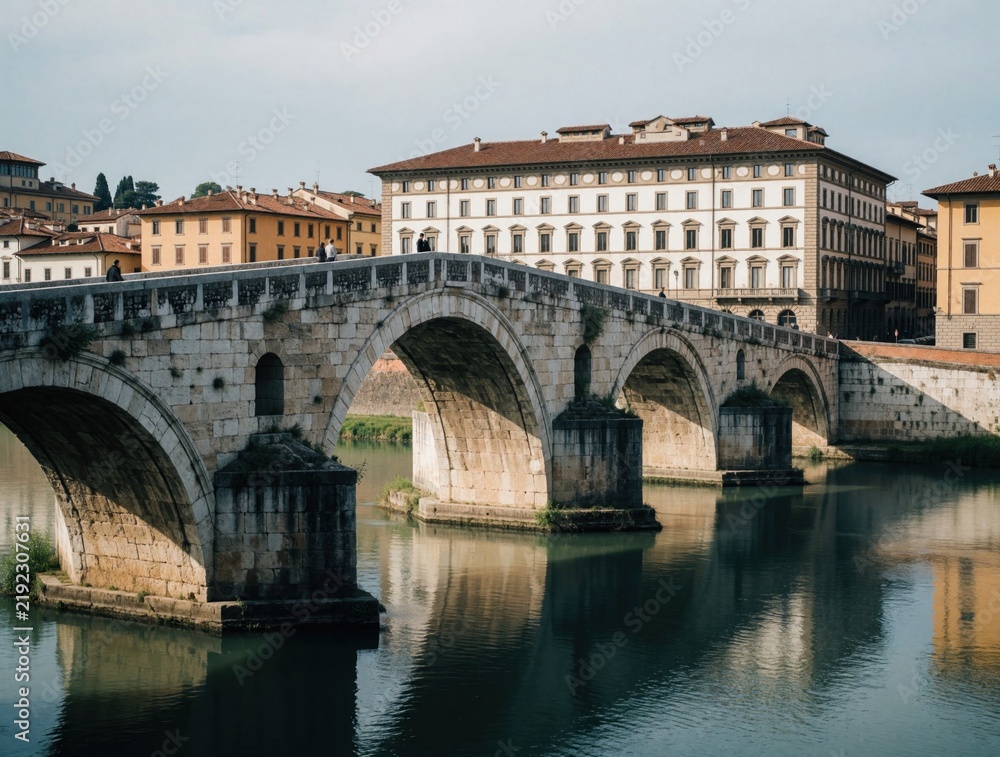 Fototapeta premium Old stone arch bridge crosses river in historic European city. Ancient masonry architecture spans calm water with urban buildings, skyline in background. Pedestrians walk on bridge during quiet