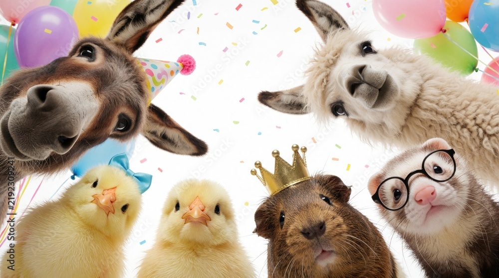 Obraz premium Funny farm, pet animals including donkey, llama, chicks, guinea pig, ferret wear party hats, look down at camera. They are surrounded by colorful balloons, confetti for festive celebration.