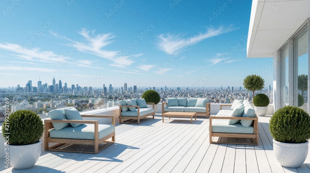 Fototapeta premium Minimalist patio furniture set on modern rooftop terrace with panoramic city skyline view. Light blue cushions on wooden chairs and sofa. Potted green bushes add decor. Bright sunny day with blue sky.