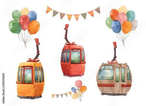Set with watercolor colorful funiculars, garland and balloons, isolated illustration of hand drawn symbols cable car, recreation, hobby, trip, excursion, perfect kids room design, wallpapers or cards.