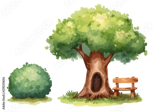 Watercolor beautiful tree with hollow, bush and cute wooden bench. Isolated hand drawn set for your cartoon design wallpaper, poster, mural in kids room or background